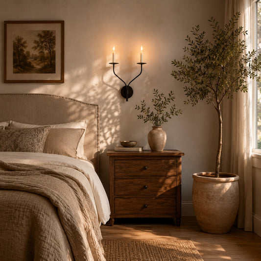 Candela wall sconce bedroom bedside single matte black candle style warm reading glow above nightstand American home lifestyle interior styled