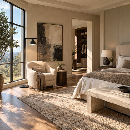 Girevole marble floor lamp lighting a bedroom corner with a warm adjustable spotlight