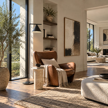 Girevole marble floor lamp angled over an armchair to direct warm reading light in a corner