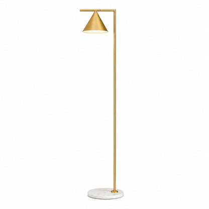 Copper Girevole marble floor lamp with a spinning cone shade beside a reading chair
