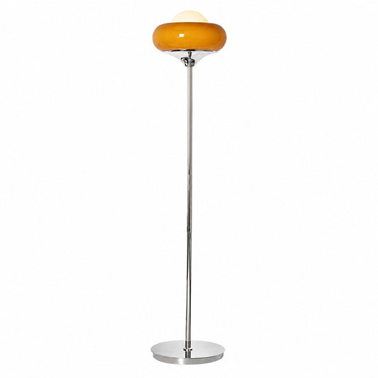Caramella floor lamp caramel amber glass globe mirror chrome stem tall vintage modern retro white background front view
