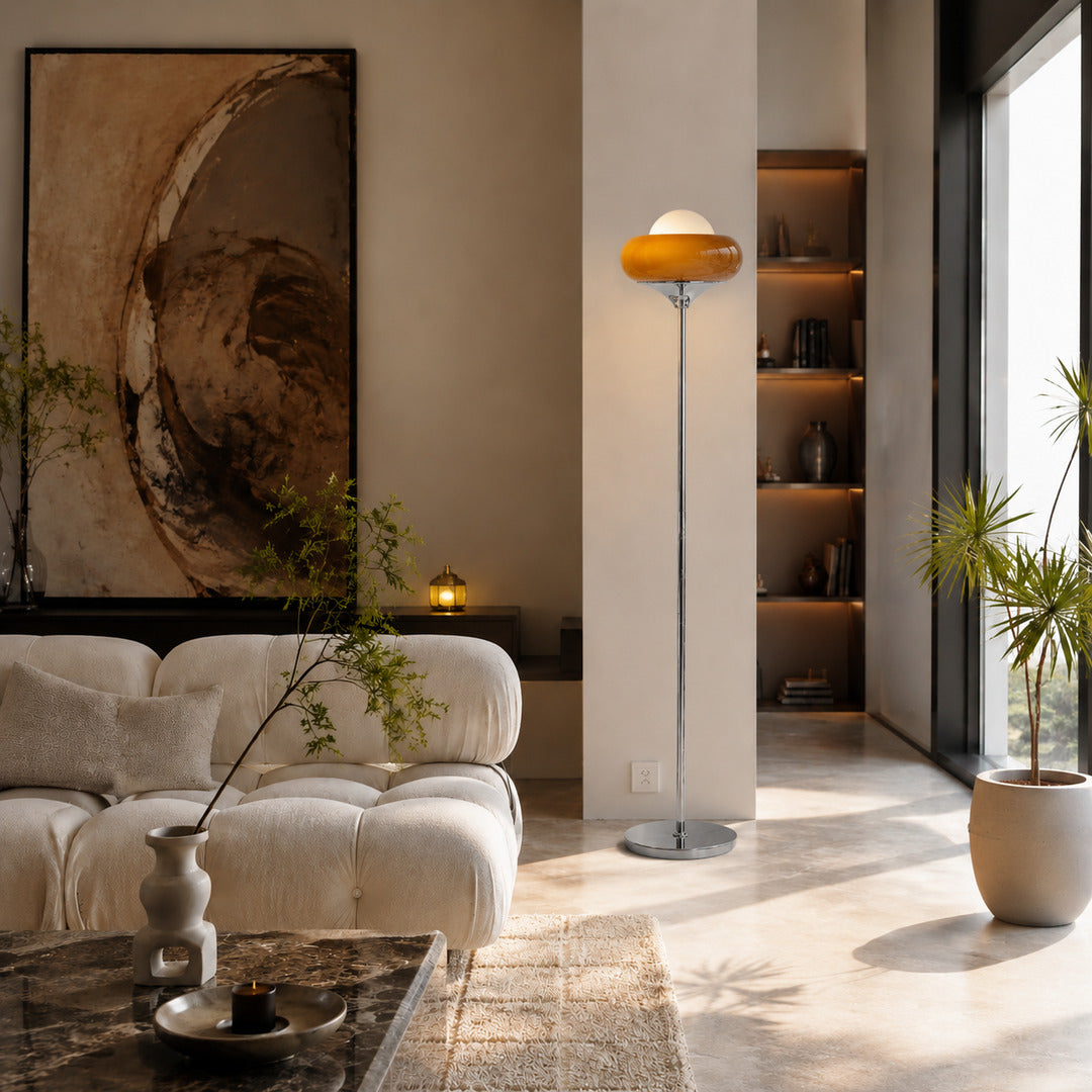 Caramella floor lamp living room corner warm caramel glow glass globe chrome retro statement American home lifestyle interior styled