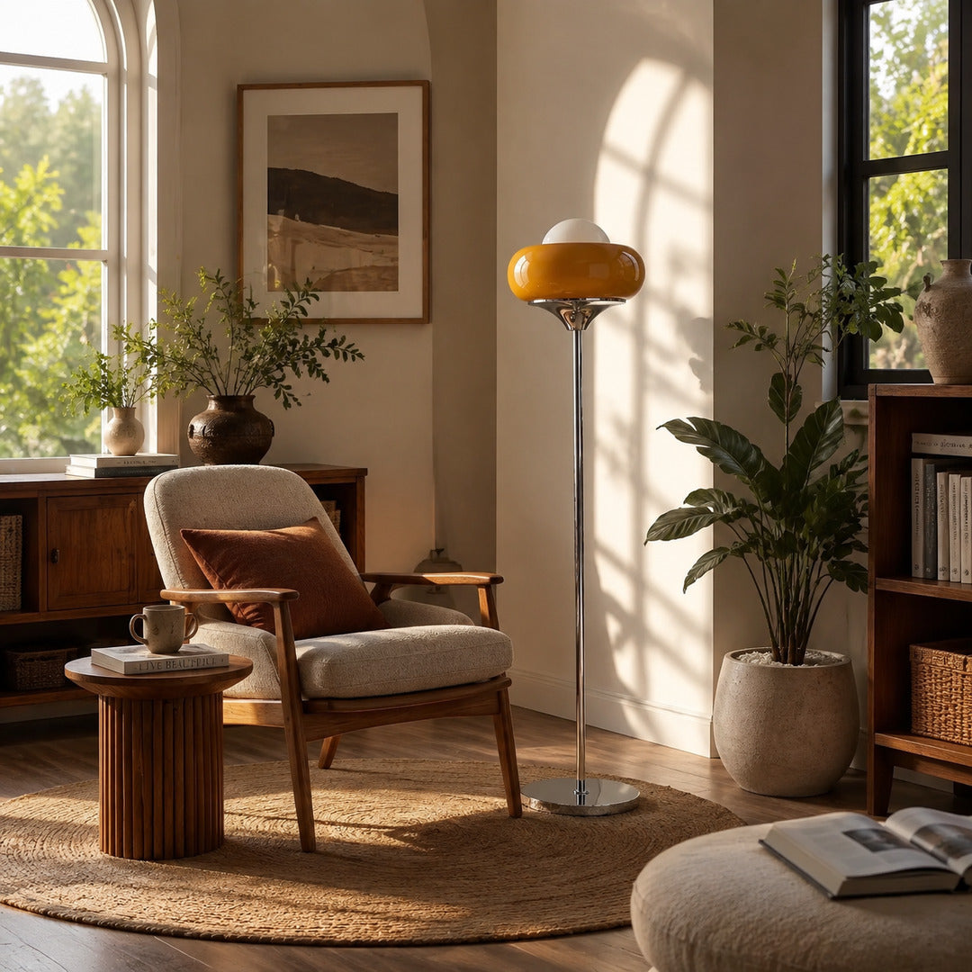 Caramella floor lamp reading nook corner warm caramel glow glass globe chrome retro American home lifestyle interior styled