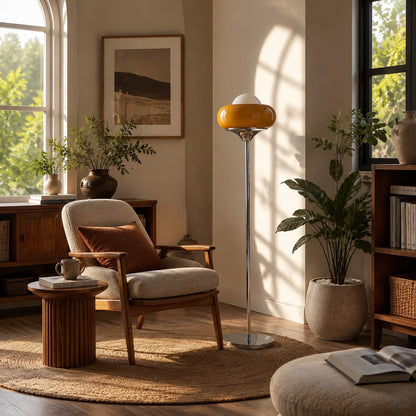 Caramella floor lamp reading nook corner warm caramel glow glass globe chrome retro American home lifestyle interior styled