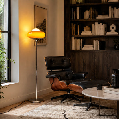 Caramella floor lamp reading nook corner warm caramel glow glass globe chrome retro American home lifestyle interior styled