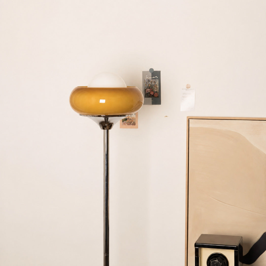 Caramella floor lamp mirror polished chrome stem base reflective sleek detail close up modern