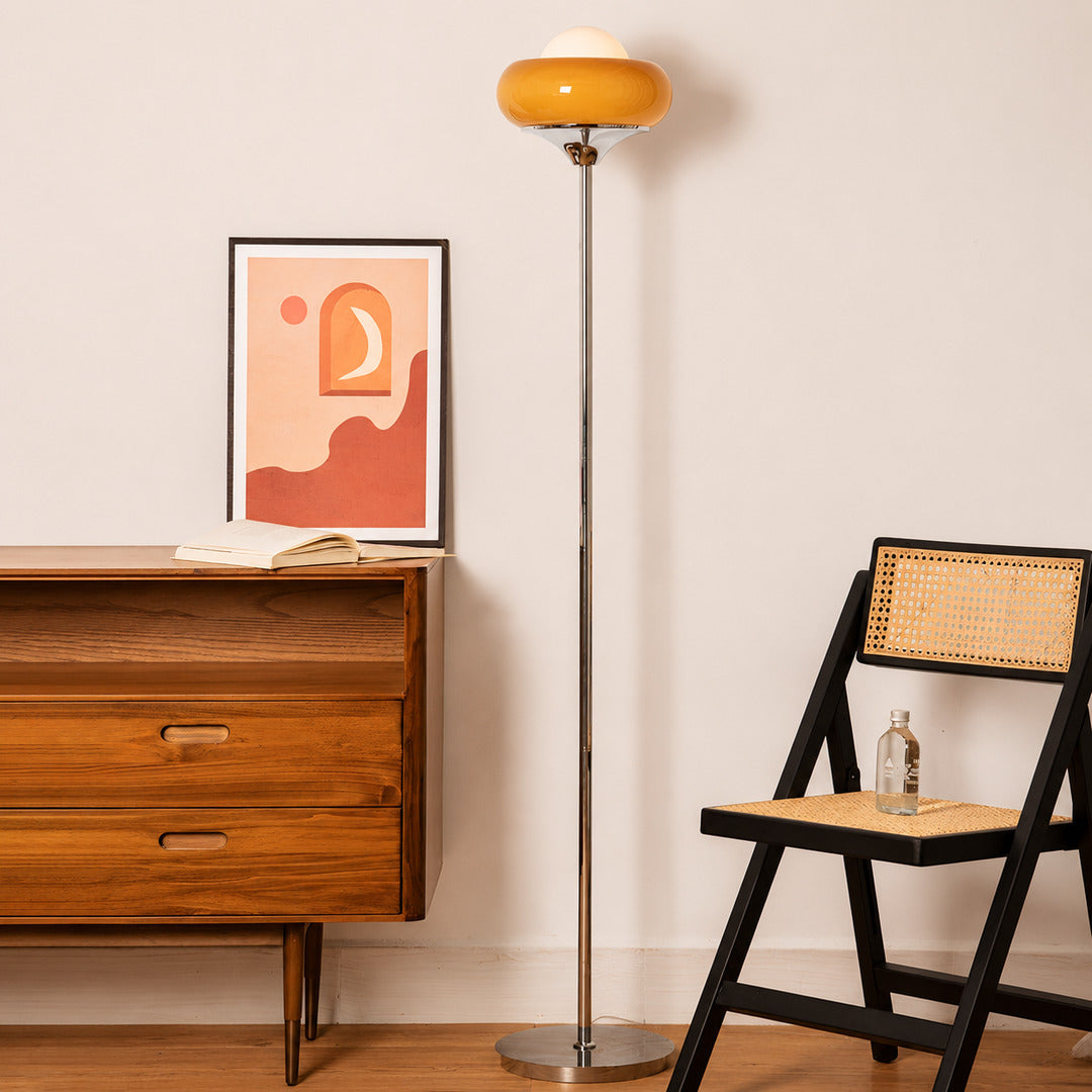 Caramella floor lamp bedroom corner warm caramel amber glow glass globe chrome retro cozy American home lifestyle interior styled