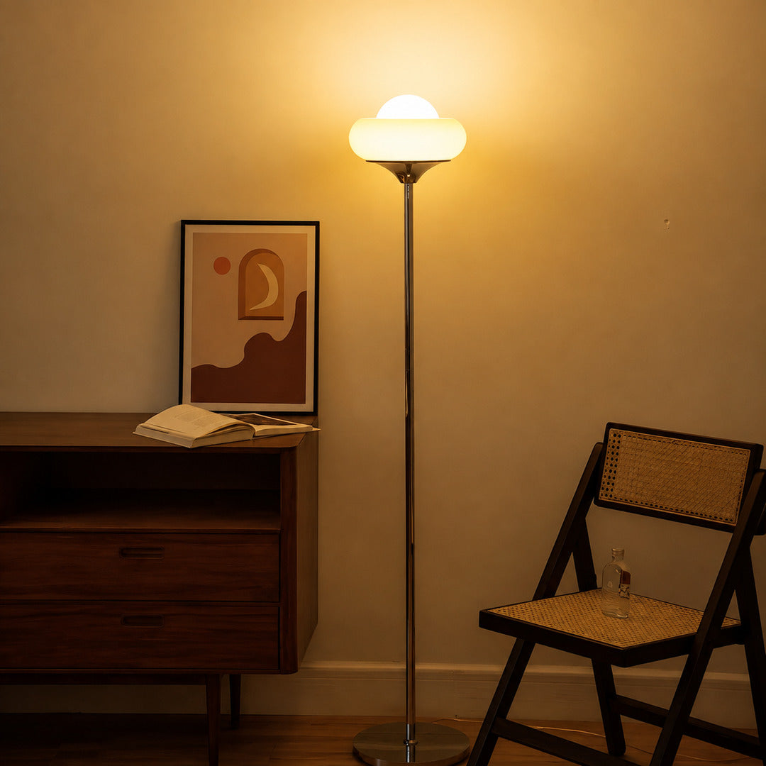 Caramella floor lamp reading nook corner warm caramel glow glass globe chrome retro American home lifestyle interior styled