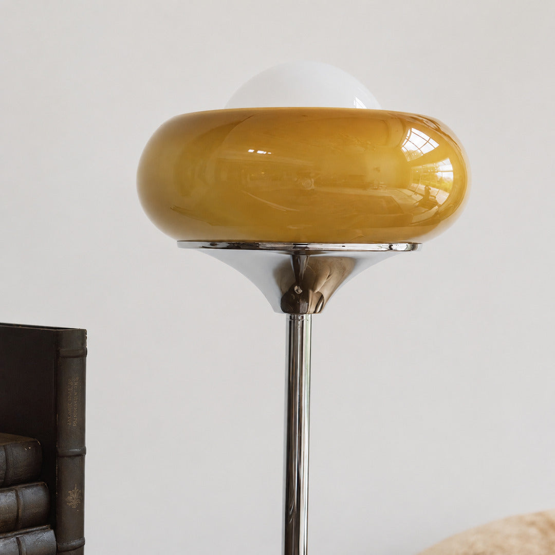 Caramella floor lamp mirror polished chrome stem base reflective sleek detail close up modern