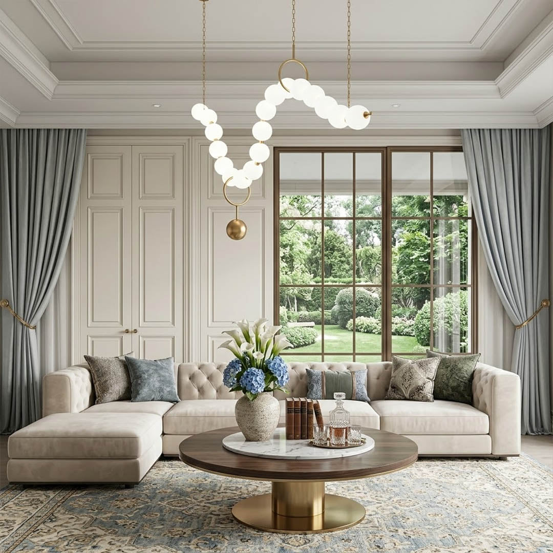 Cascadia horizontal chandelier above long dining table pearl globes warm glow elegant interior