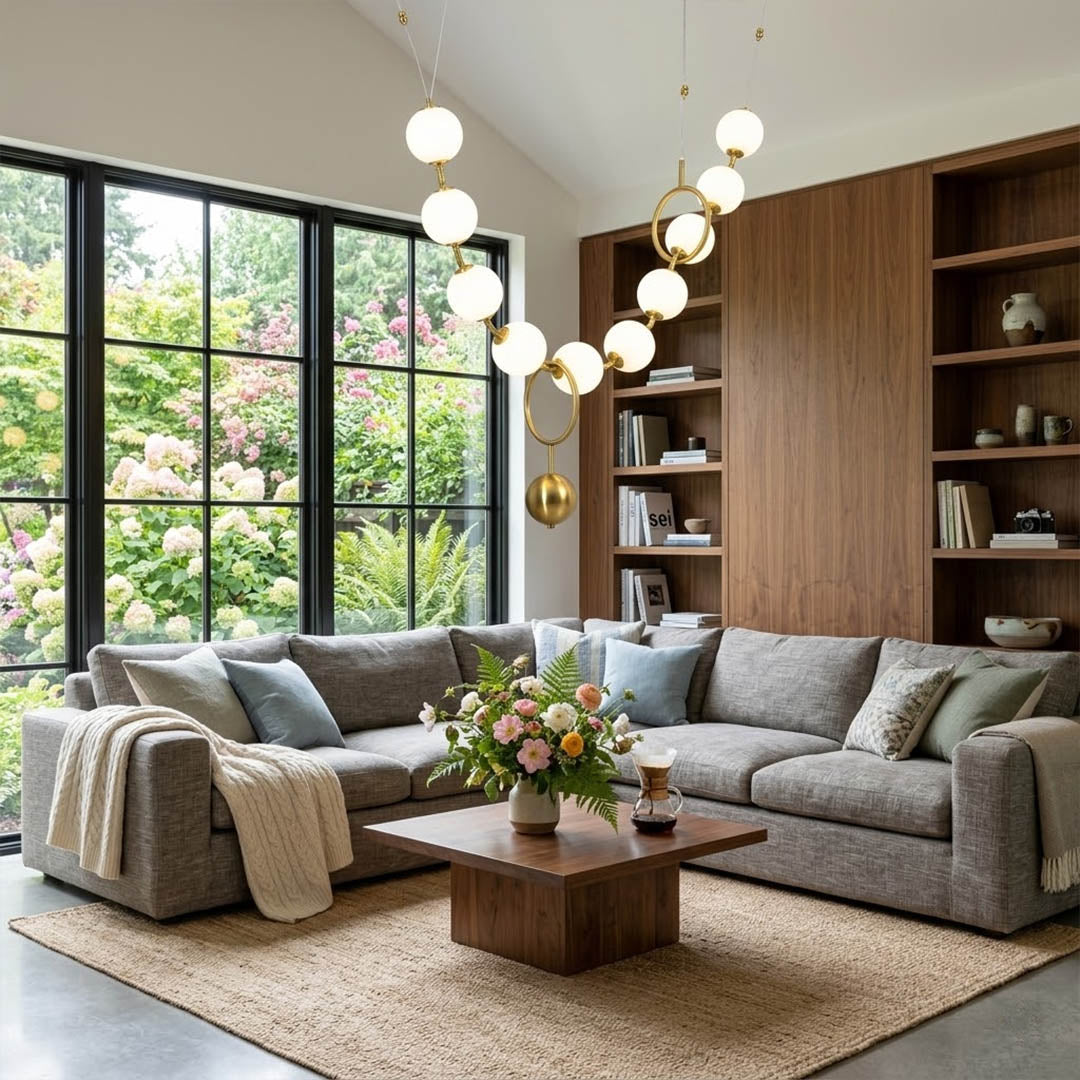 Cascadia horizontal chandelier above long dining table pearl globes warm glow elegant interior
