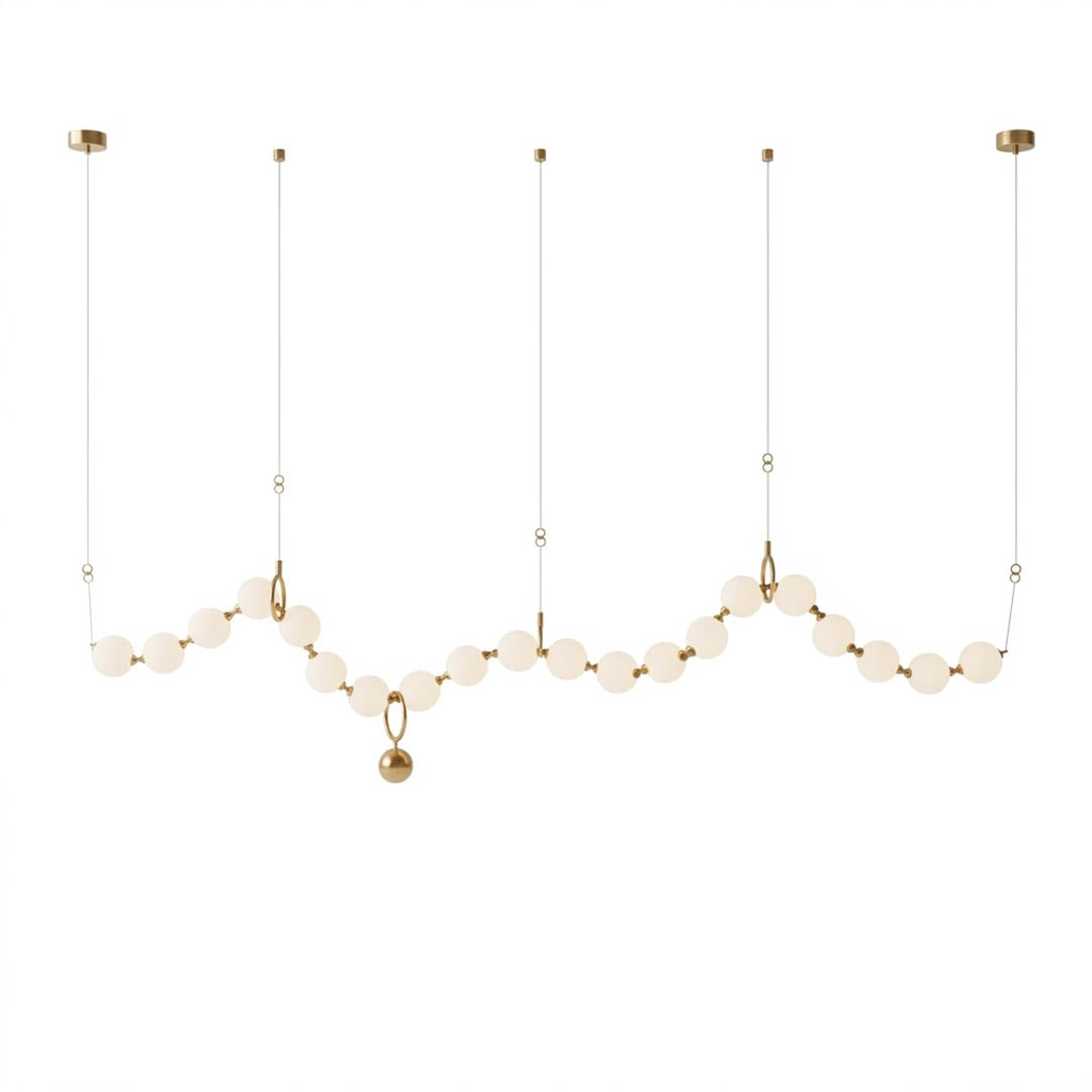 Cascadia linear horizontal chandelier 20-light brass arc pearl globes white background