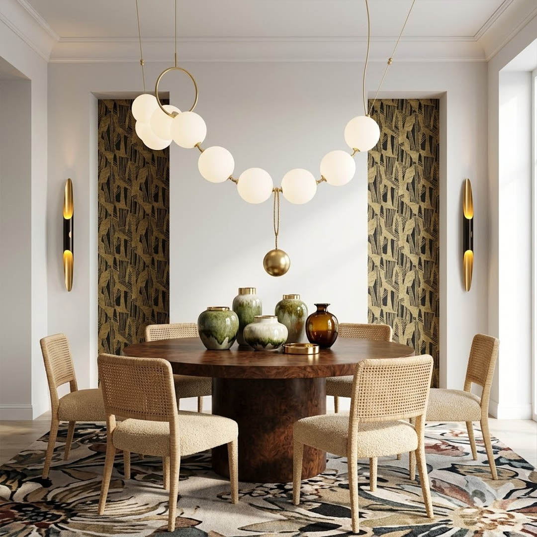 Cascadia horizontal chandelier above long dining table pearl globes warm glow elegant interior