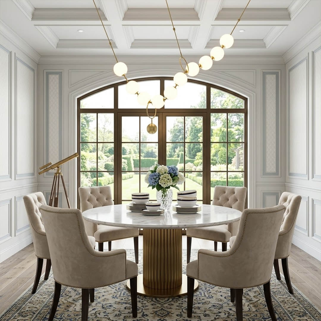 Cascadia horizontal chandelier above long dining table pearl globes warm glow elegant interior