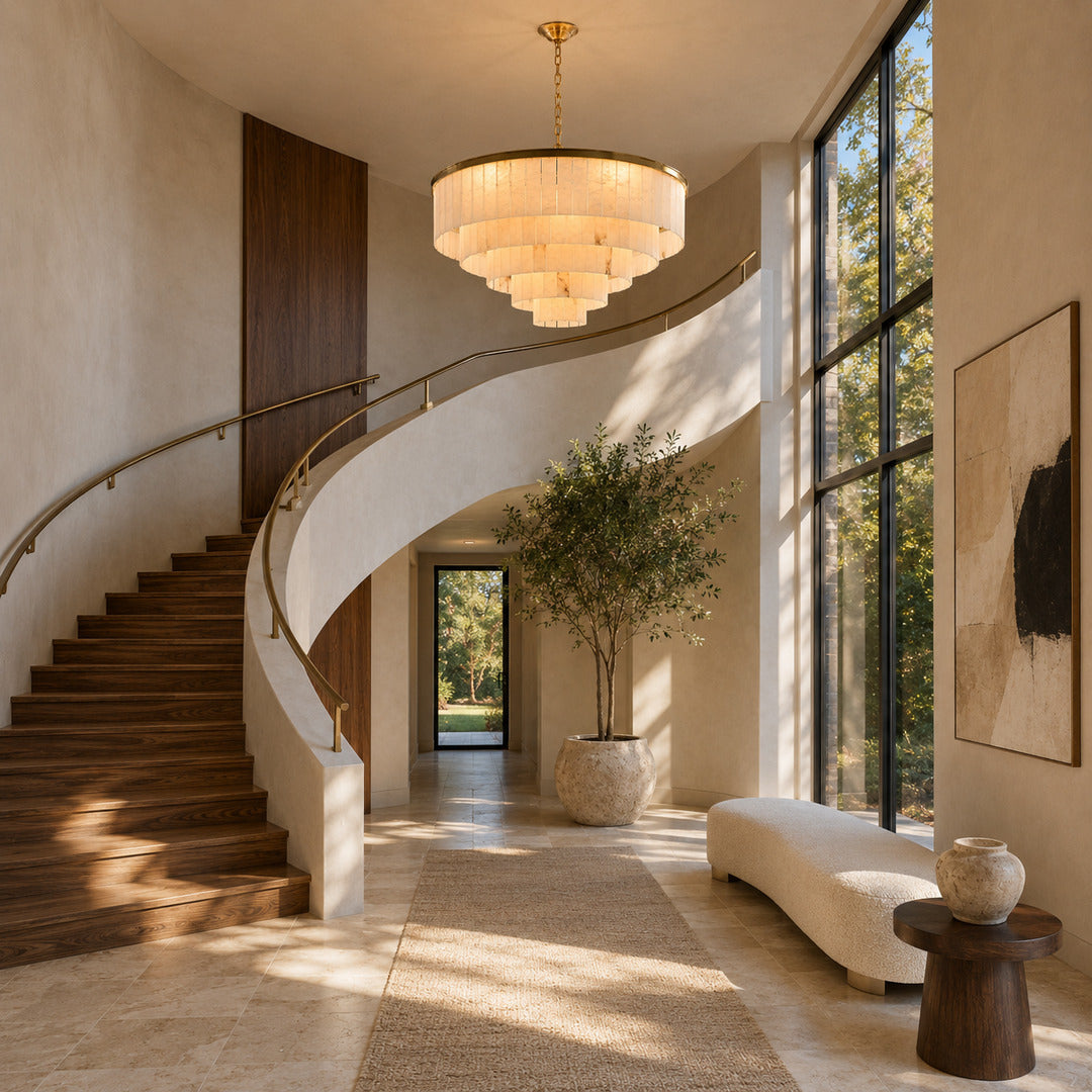 Cascata alabaster chandelier cascading down an open staircase stairwell