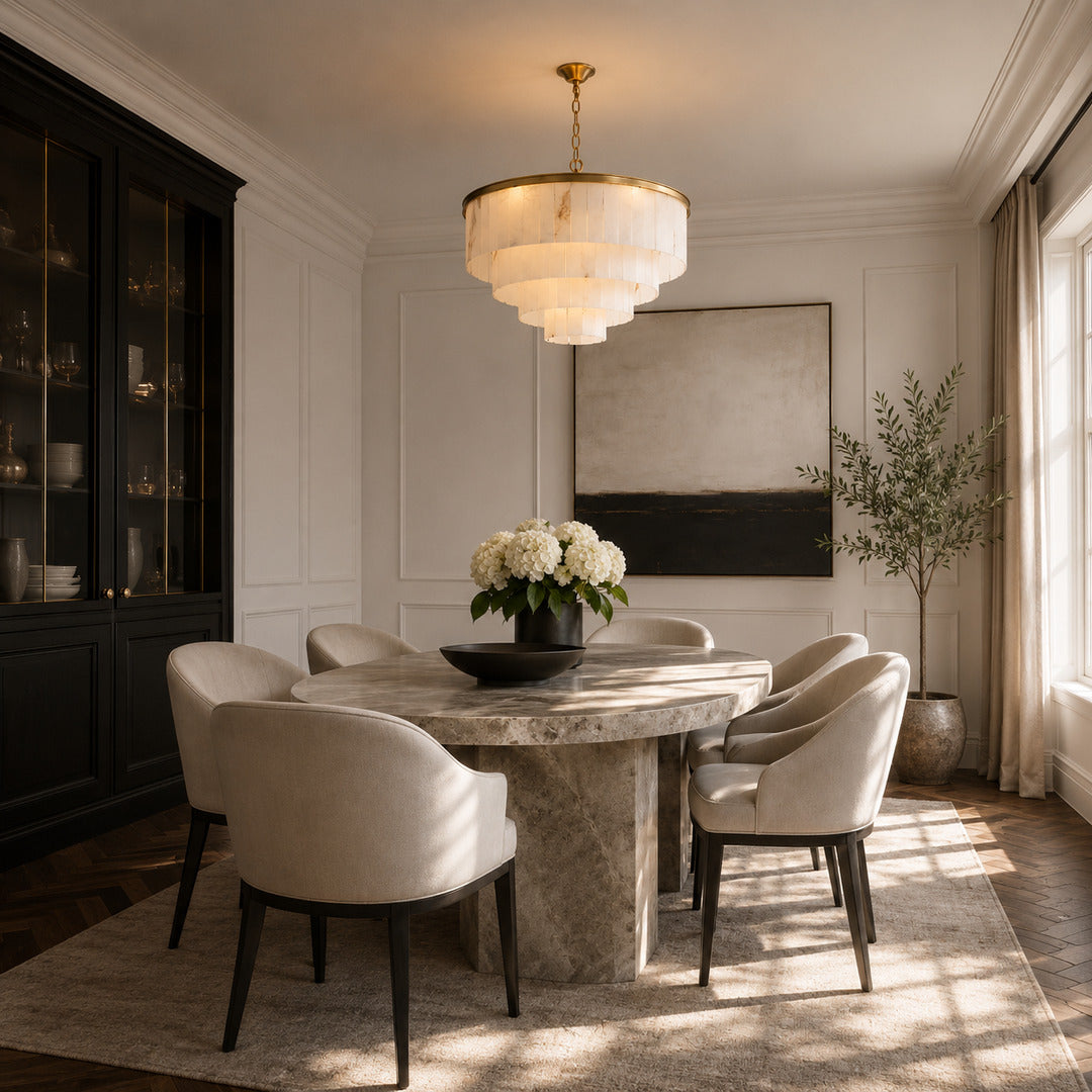Cascata alabaster chandelier casting warm light over an elegant dining room table