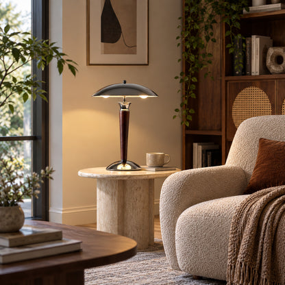 Casco chrome and walnut table lamp as a modern accent on a living room side table