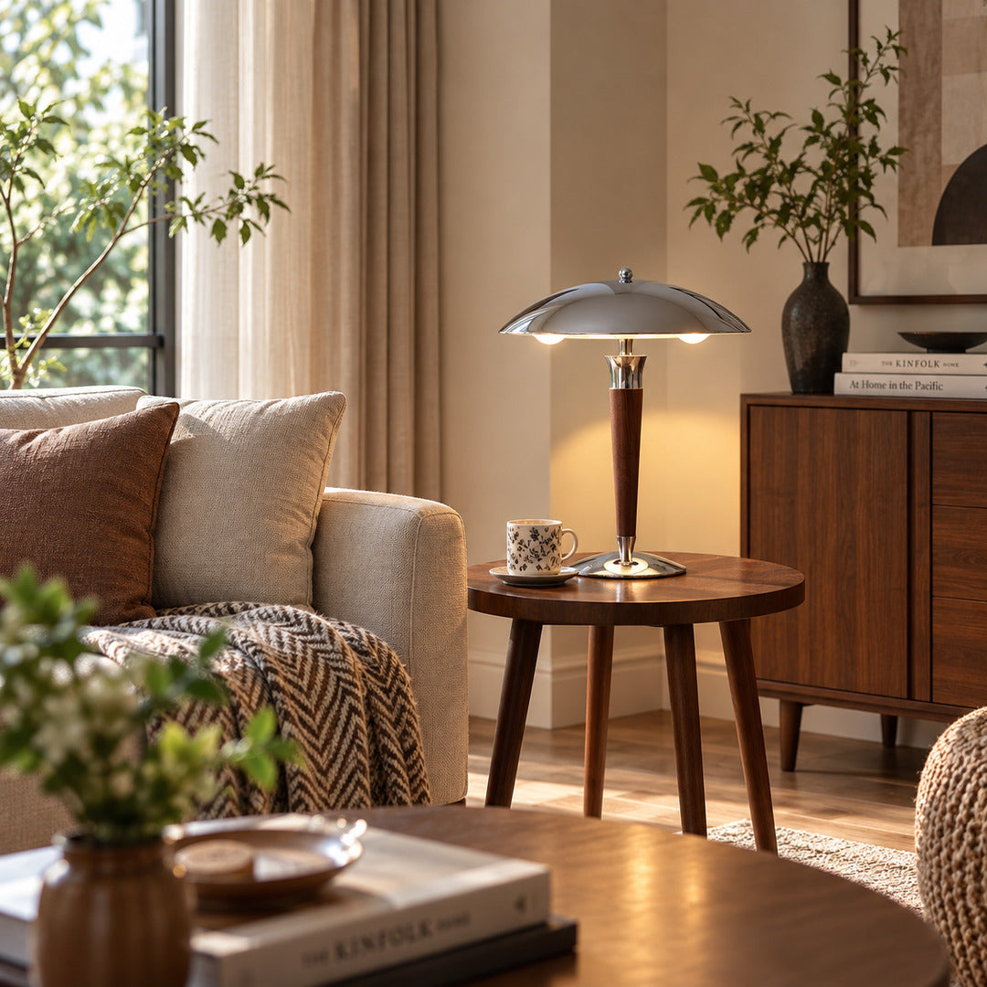 Casco chrome and walnut table lamp as a modern accent on a living room side table