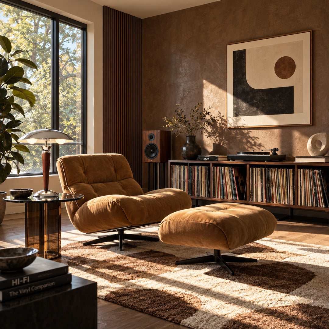 Casco table lamp lighting a cozy corner reading nook with a warm focused glow