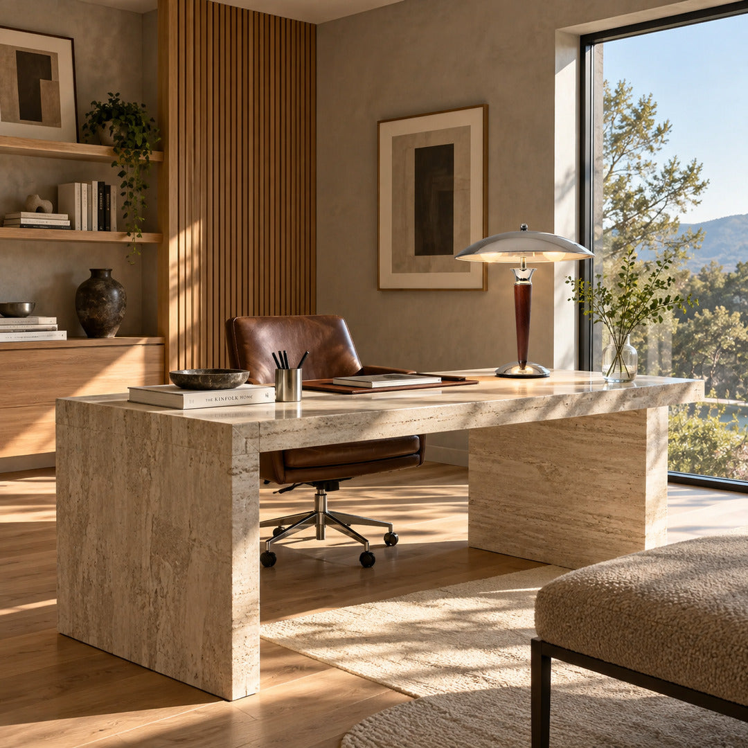Casco chrome and walnut table lamp providing warm focused light on a home office desk