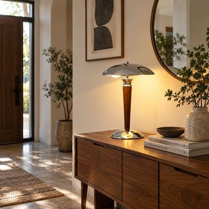 Casco table lamp adding an Art Deco accent to an entryway console table