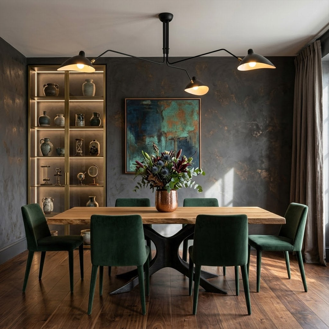 Cassio 3 light multi arm chandelier above modern dining room rectangular table mid century matte black architectural statement