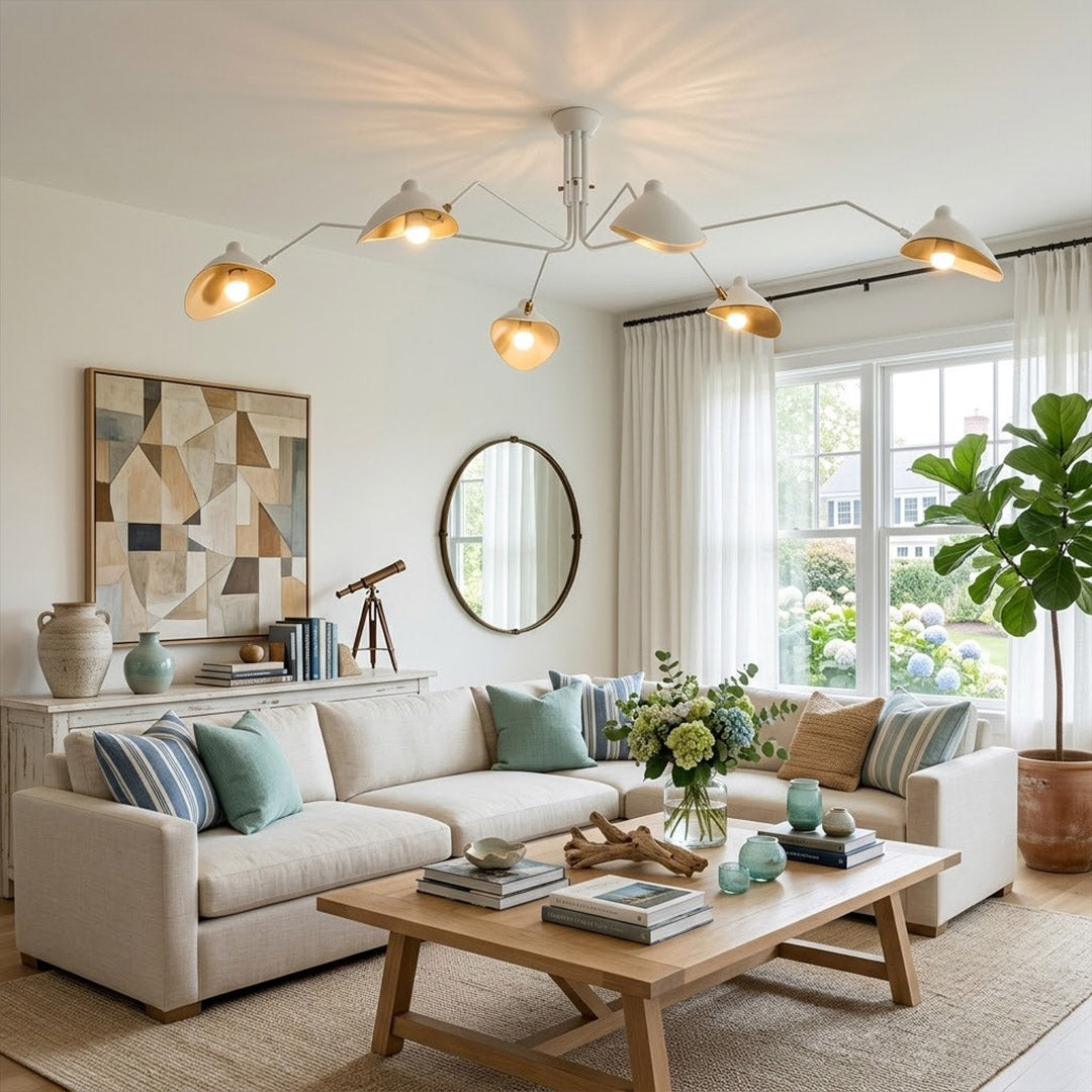 Cassio 3 light multi arm chandelier matte white Scandinavian minimalist living room neutral palette modern interior