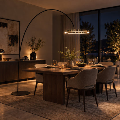 Warm evening glow of the floating ring of the Cerchio floor lamp creating a modern mood after dark