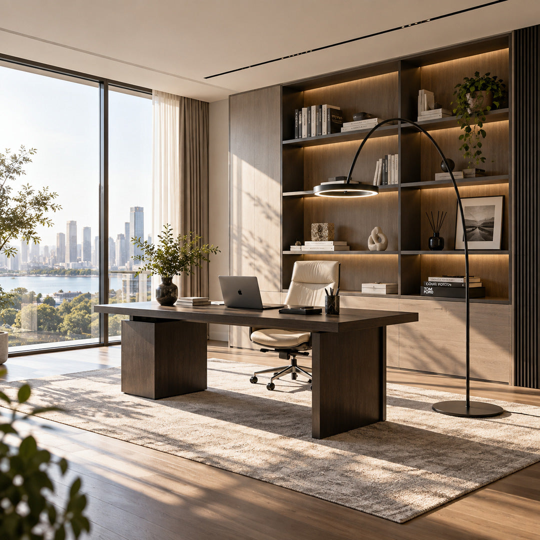 Cerchio halo ring floor lamp adding a sleek modern accent to a home office corner