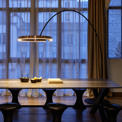 Black Cerchio halo ring floor lamp complementing a clean modern minimalist living room