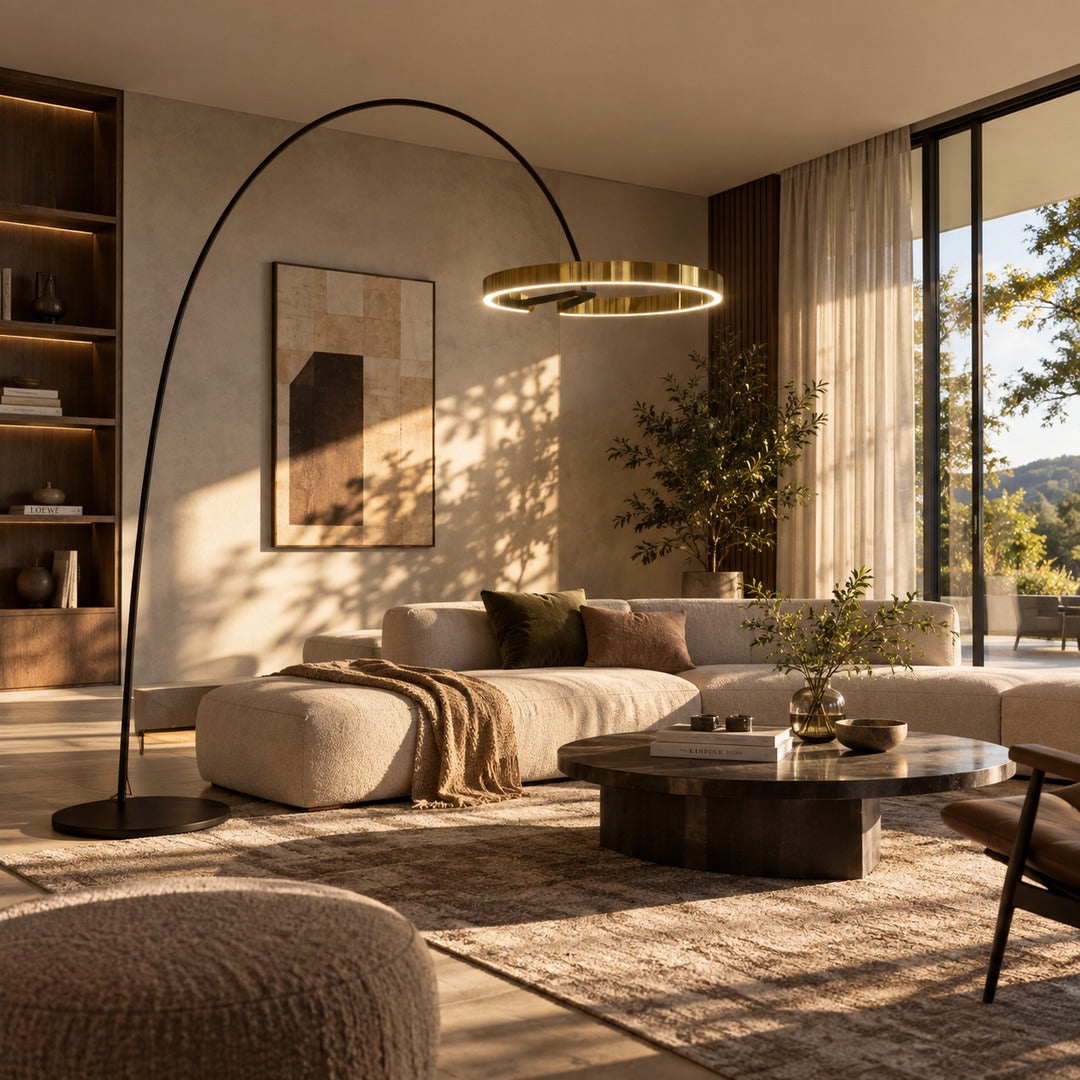 Cerchio halo ring floor lamp standing beside a sofa as a modern sculptural accent in a living room