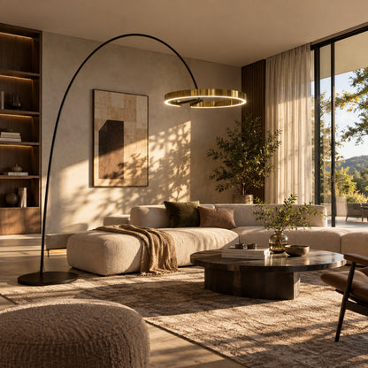 Cerchio halo ring floor lamp standing beside a sofa as a modern sculptural accent in a living room