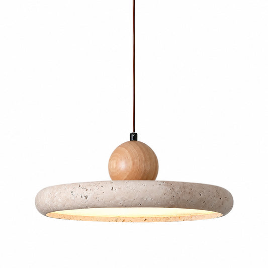 Cerchio travertine pendant light yellow travertine stone disc slim flat round minimalist sculptural white background