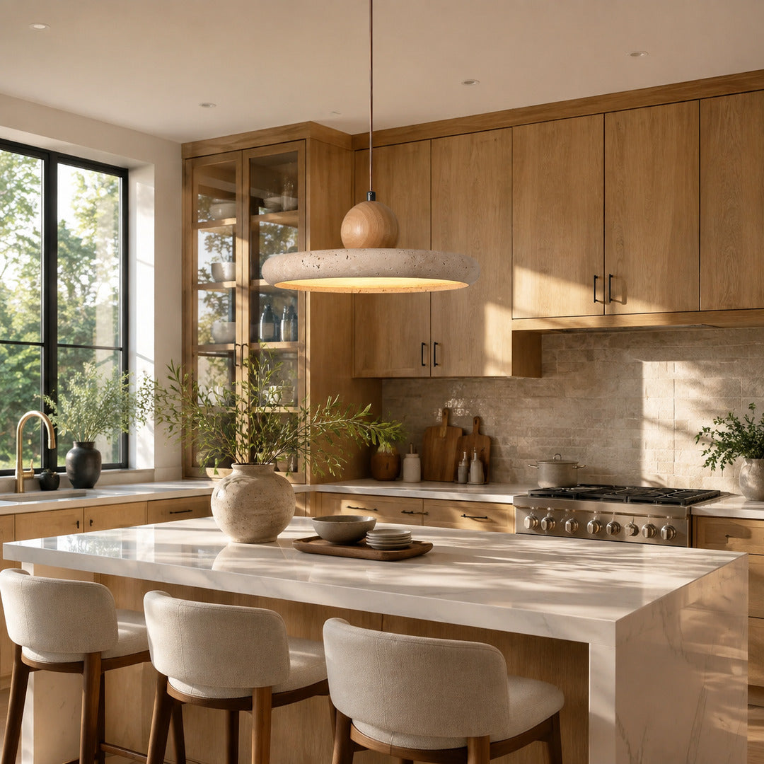 Cerchio travertine pendant light kitchen island warm glow natural travertine stone disc minimalist American home lifestyle interior styled