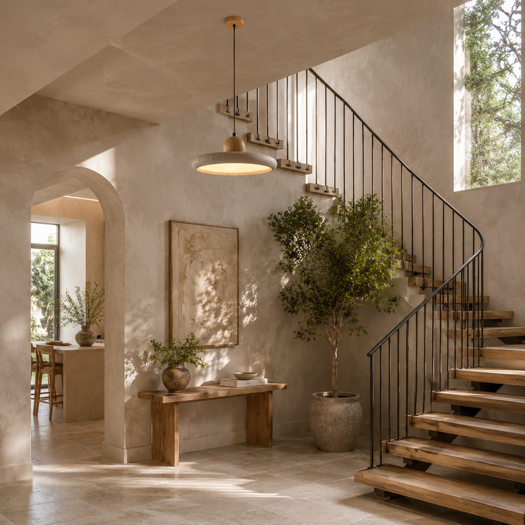 Cerchio travertine pendant light wabi sabi japandi natural stone space travertine disc warm American home lifestyle interior styled