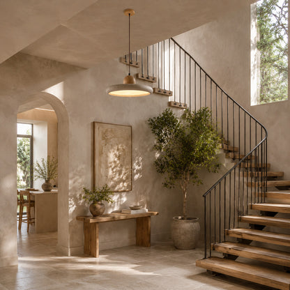 Cerchio travertine pendant light wabi sabi japandi natural stone space travertine disc warm American home lifestyle interior styled