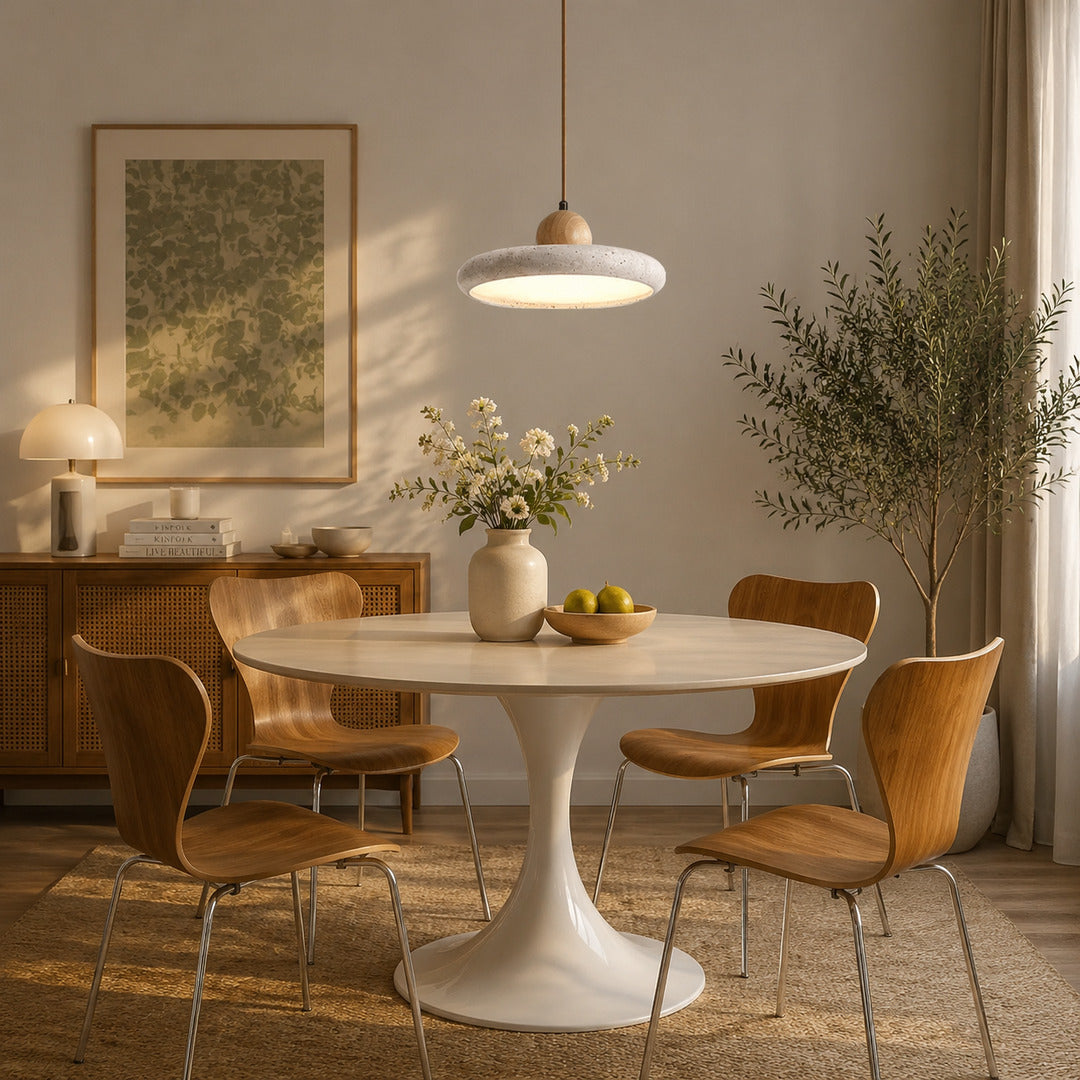 Cerchio travertine pendant light dining table warm glow travertine stone disc Japandi American home lifestyle interior styled
