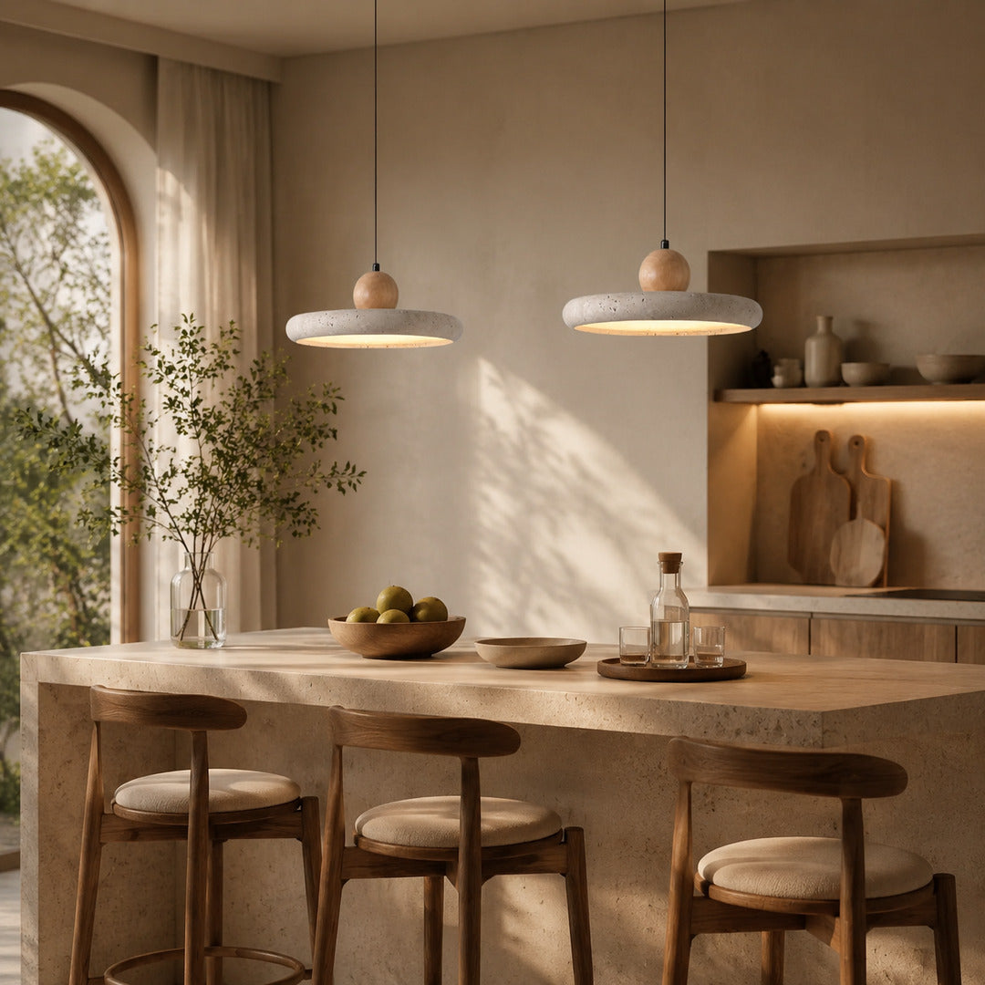 Cerchio travertine pendant light kitchen island warm glow natural travertine stone disc minimalist American home lifestyle interior styled