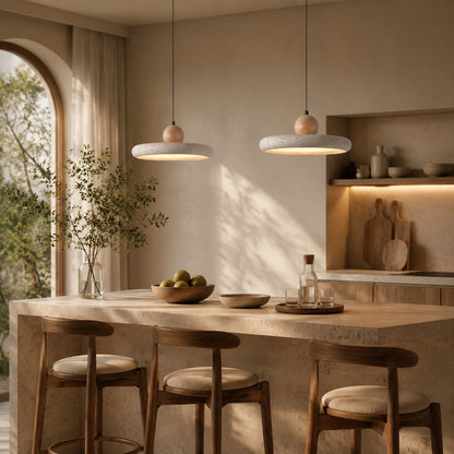 Cerchio travertine pendant light kitchen island warm glow natural travertine stone disc minimalist American home lifestyle interior styled