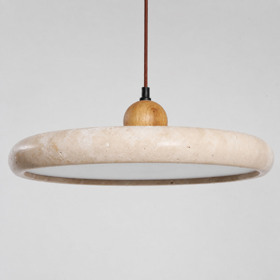 Cerchio travertine pendant light flat slim disc profile side silhouette shape detail