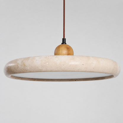 Cerchio travertine pendant light flat slim disc profile side silhouette shape detail