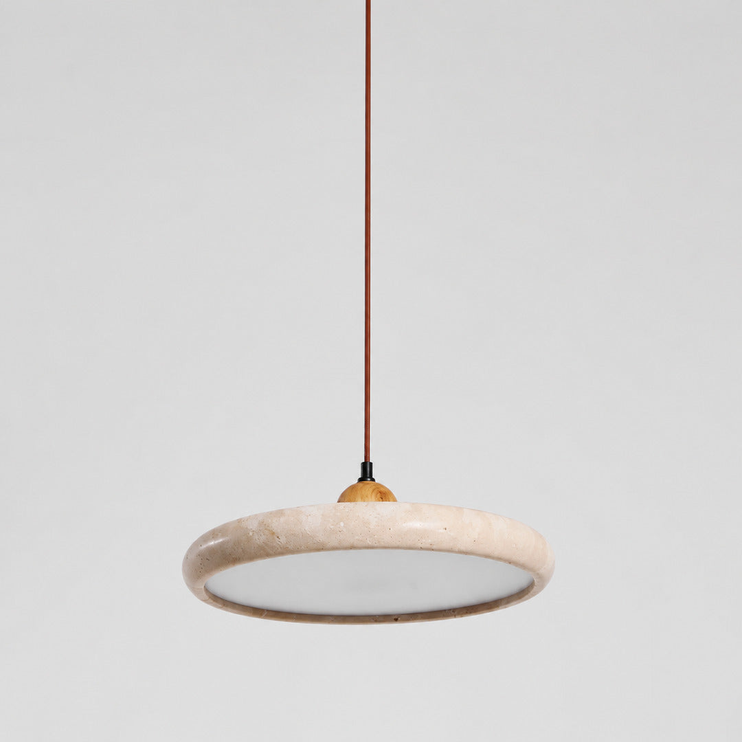 Cerchio travertine pendant light flat slim disc profile side silhouette shape detail