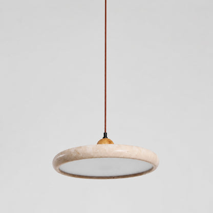 Cerchio travertine pendant light flat slim disc profile side silhouette shape detail
