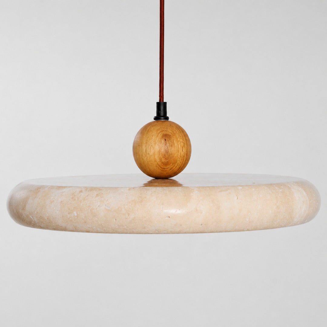 Cerchio travertine pendant light flat slim disc profile side silhouette shape detail