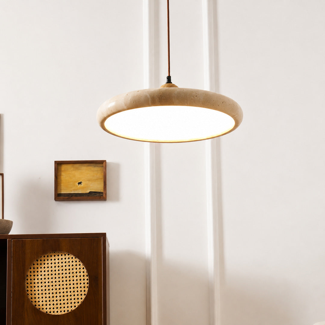 Cerchio travertine pendant light flat slim disc profile side silhouette shape detail