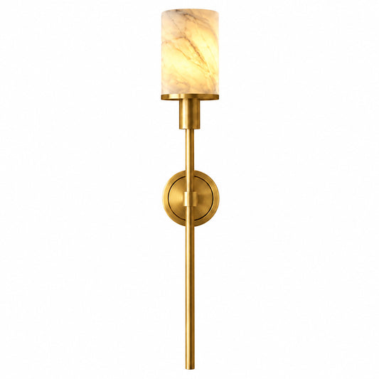 Pair of Cero wall sconces with cylinder shades flanking a bathroom vanity mirror