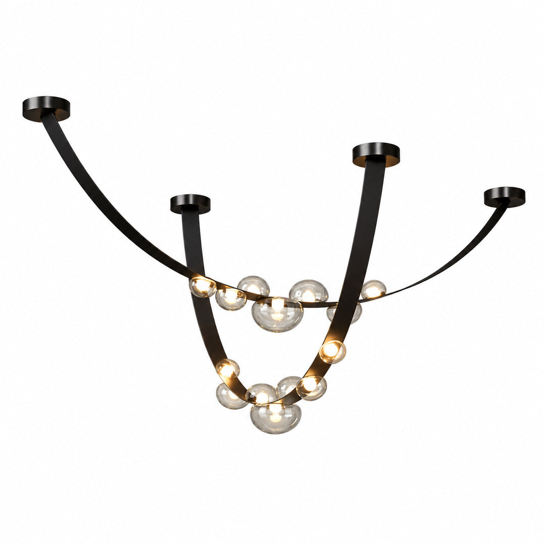Cinghia leather arc chandelier with a long metal arc wrapped in leather and glowing glass orbs over a dining table