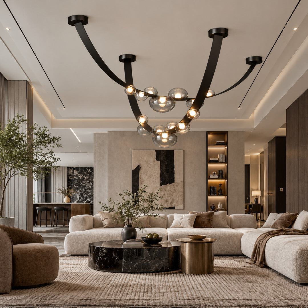 Cinghia leather arc chandelier as a linear statement piece in a modern living room