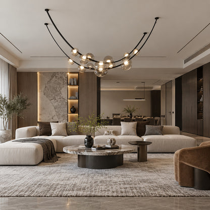 Cinghia leather arc chandelier as a linear statement piece in a modern living room