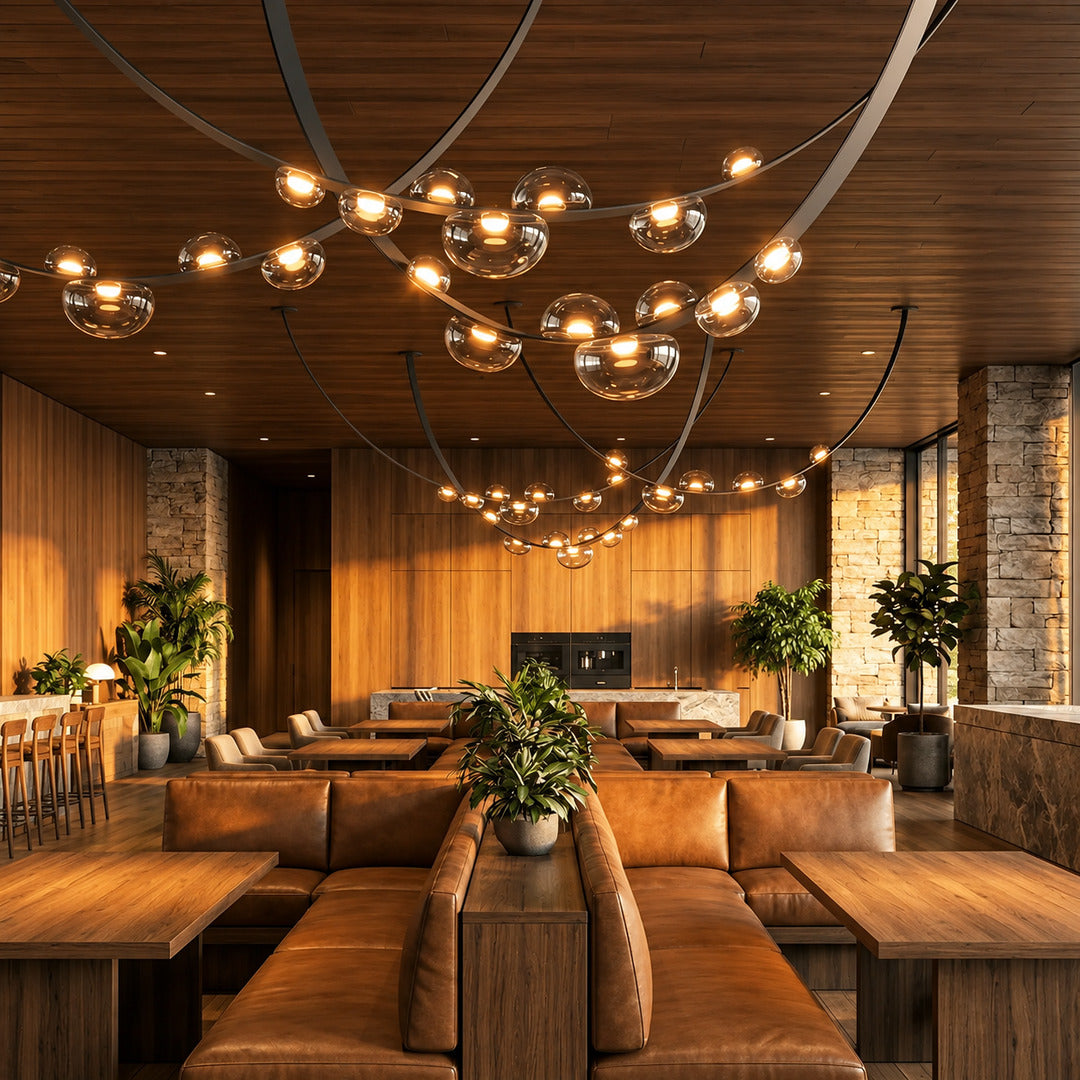 Cinghia leather arc chandeliers over long tables in an upscale restaurant